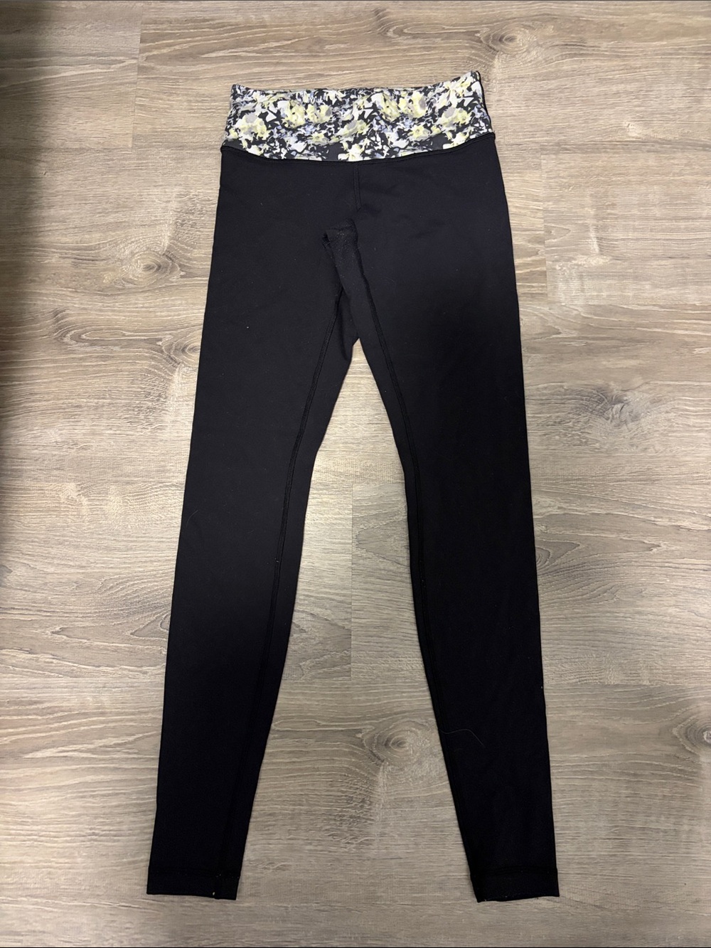 lululemon athletica Black Leggings with Yellow Floral Waistband